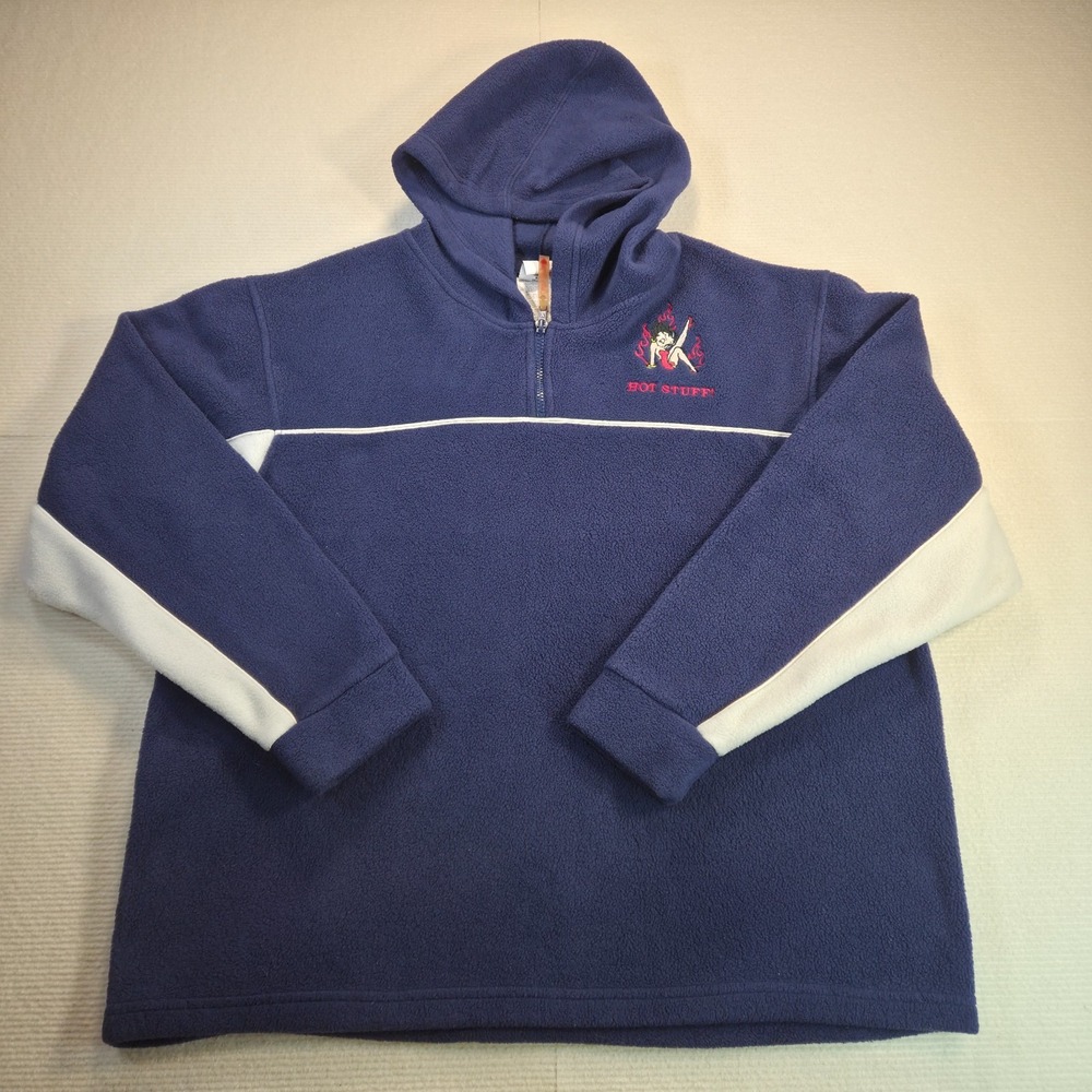 Vintage Betty Boop Fleece Hoodie Navy Blue Hot Stuff Caution Mens XL Y2K